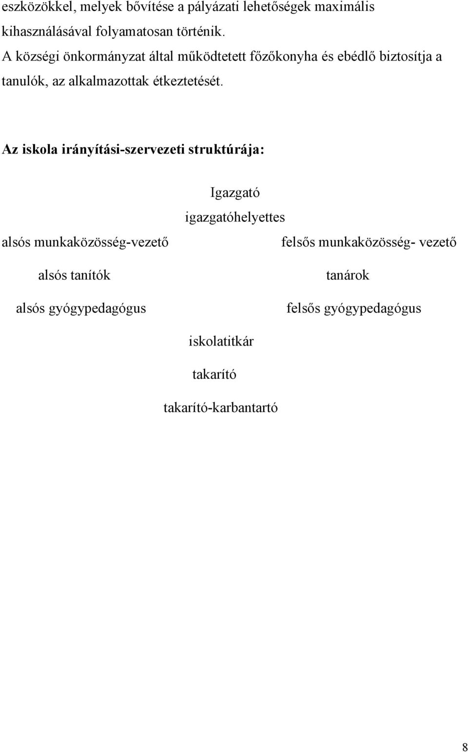 Az iskola irányítási-szervezeti struktúrája: alsós munkaközösség-vezető alsós tanítók alsós gyógypedagógus