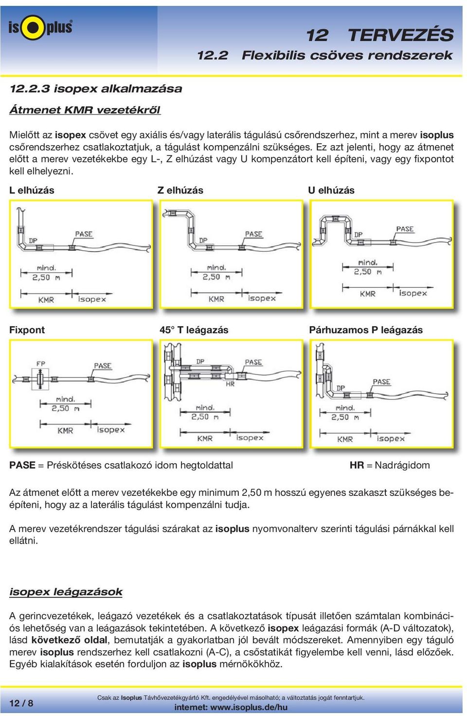 L elhúzás Z elhúzás U elhúzás Fixpont 45 T leágazás Párhuzamos P leágazás PASE = Préskötéses csatlakozó idom hegtoldattal HR = Nadrágidom Az átmenet előtt a merev vezetékekbe egy minimum 2,50 m