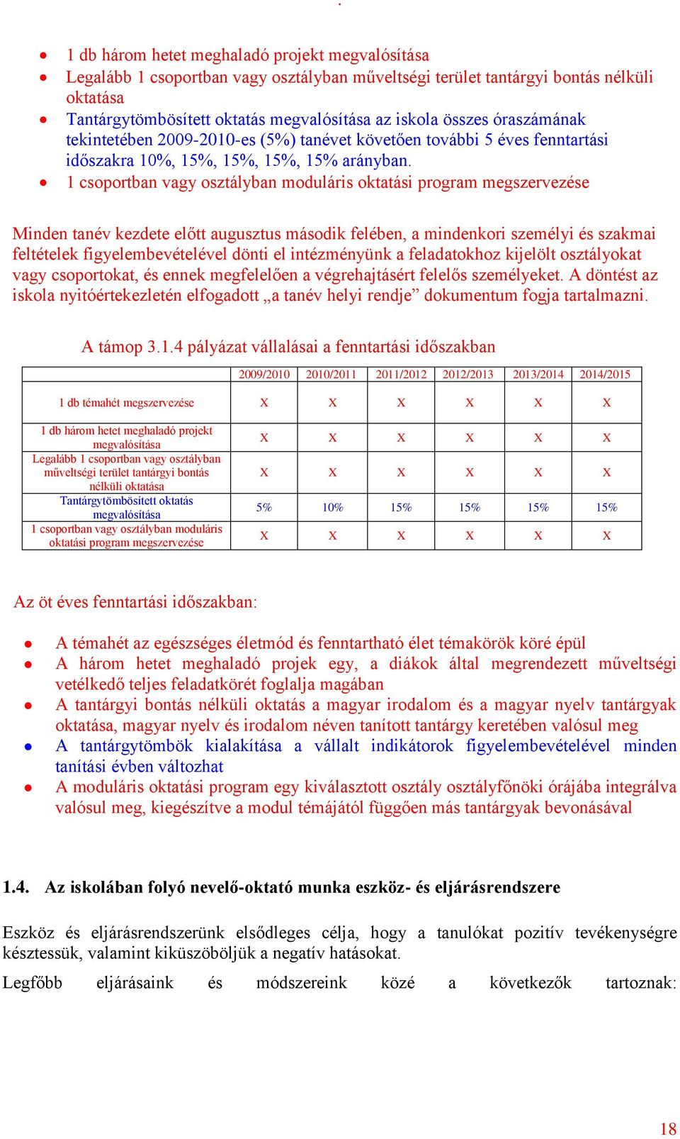 1 csoportban vagy osztályban moduláris oktatási program megszervezése Minden tanév kezdete előtt augusztus második felében, a mindenkori személyi és szakmai feltételek figyelembevételével dönti el
