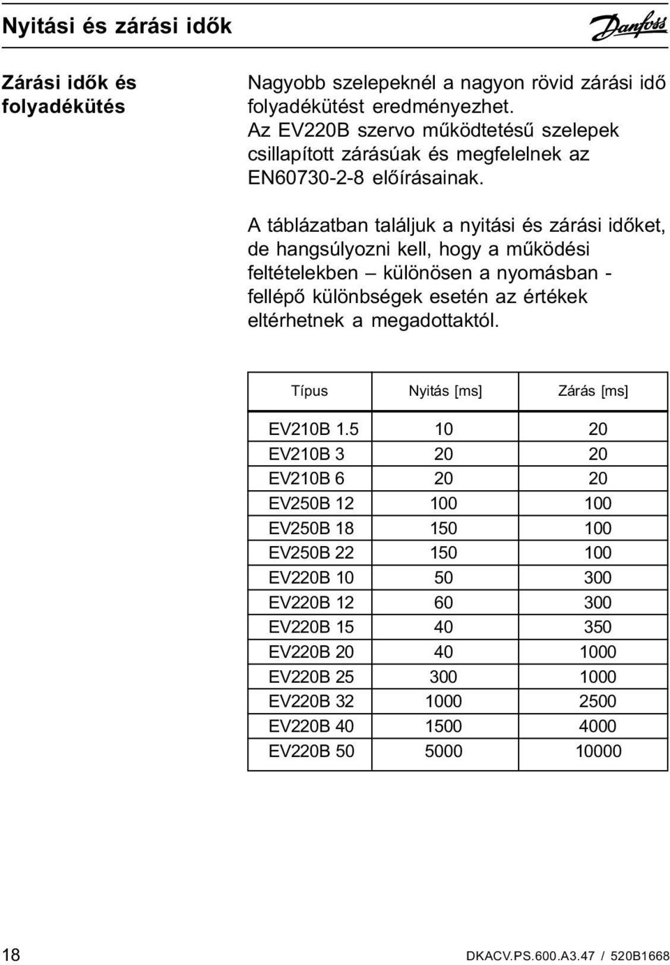 A táblázatban találjuk a nyitási és zárási idõket, de hangsúlyozni kell, hogy a mûködési feltételekben különösen a nyomásban - fellépõ különbségek esetén az értékek eltérhetnek a