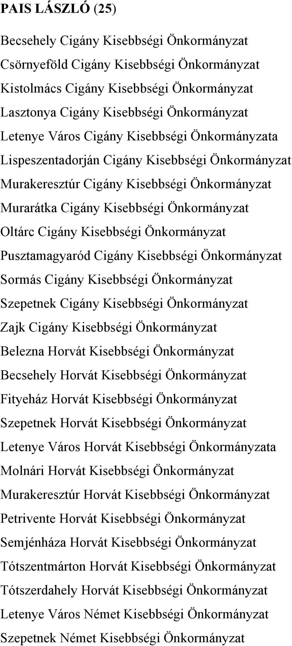 Önkormányzat Pusztamagyaród Cigány Kisebbségi Önkormányzat Sormás Cigány Kisebbségi Önkormányzat Szepetnek Cigány Kisebbségi Önkormányzat Zajk Cigány Kisebbségi Önkormányzat Belezna Horvát Kisebbségi