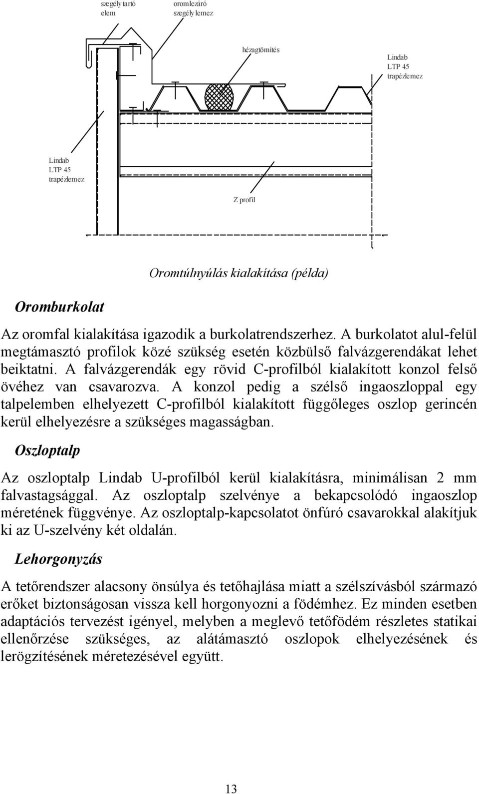 A falvázgerendák egy rövid C-profilból kialakított konzol felső övéhez van csavarozva.