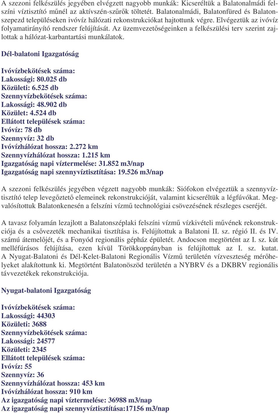 Az üzemvezetségeinken a felkészülési terv szerint zajlottak a hálózat-karbantartási munkálatok. Dél-balatoni Igazgatóság Ivóvízbekötések száma: Lakossági: 80.025 db Közületi: 6.