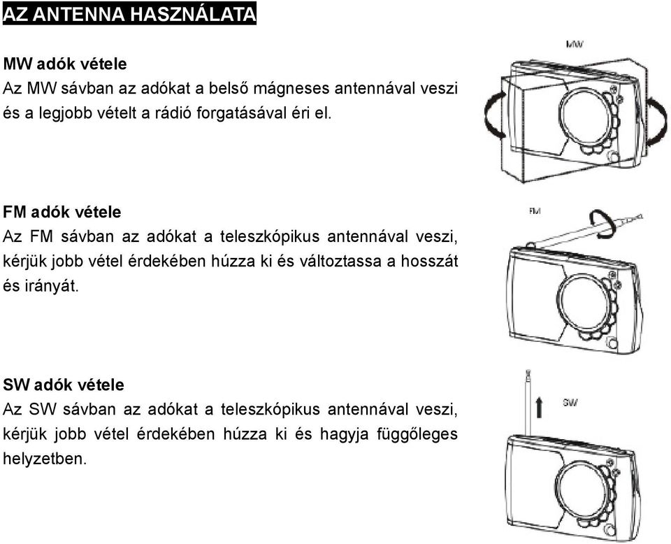 FM adók vétele Az FM sávban az adókat a teleszkópikus antennával veszi, kérjük jobb vétel érdekében húzza