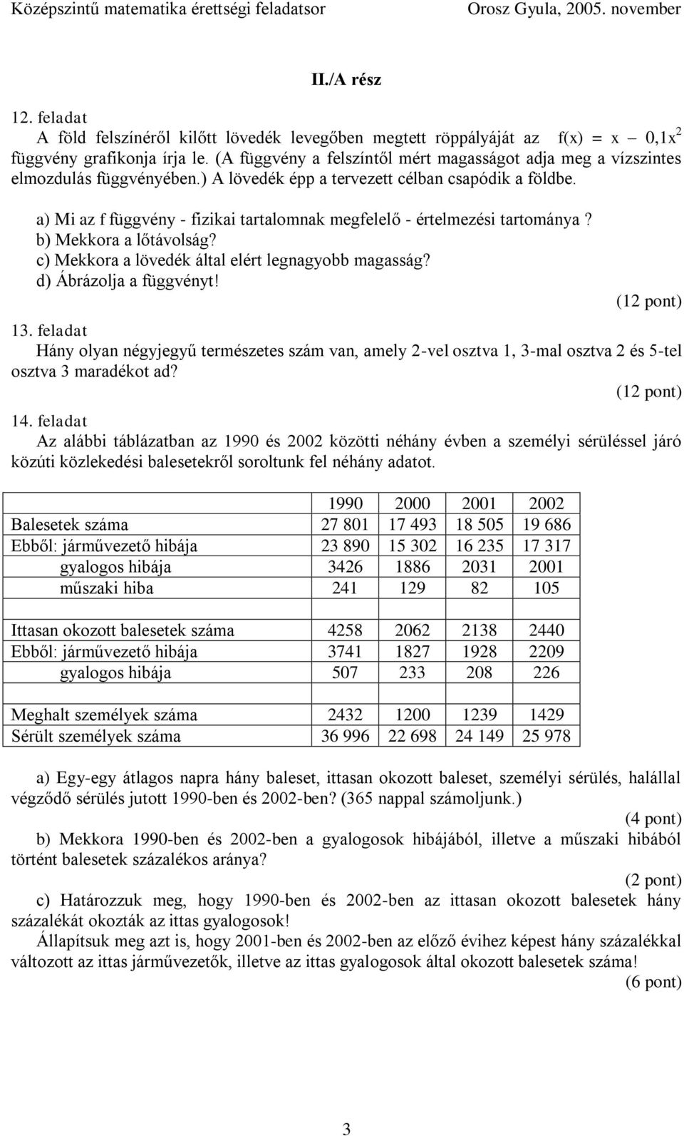 a) Mi az f függvény - fizikai tartalomnak megfelelő - értelmezési tartománya? b) Mekkora a lőtávolság? c) Mekkora a lövedék által elért legnagyobb magasság? d) Ábrázolja a függvényt! (1) 13.