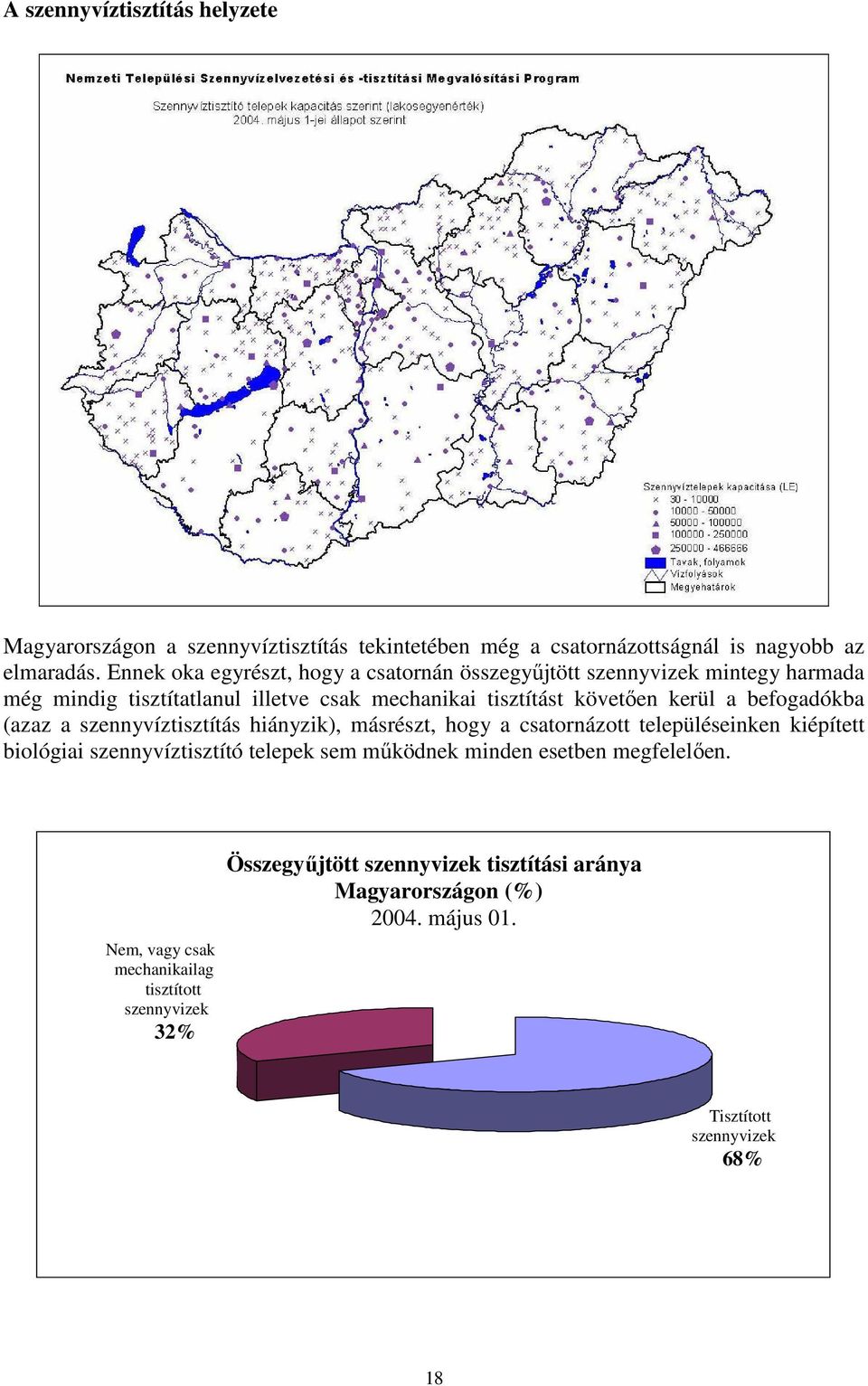 befogadókba (azaz a szennyvíztisztítás hiányzik), másrészt, hogy a csatornázott településeinken kiépített biológiai szennyvíztisztító telepek sem mőködnek