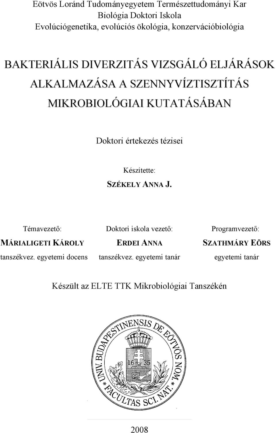 Doktori értekezés tézisei Készítette: SZÉKELY ANNA J. Témavezető: MÁRIALIGETI KÁROLY tanszékvez.
