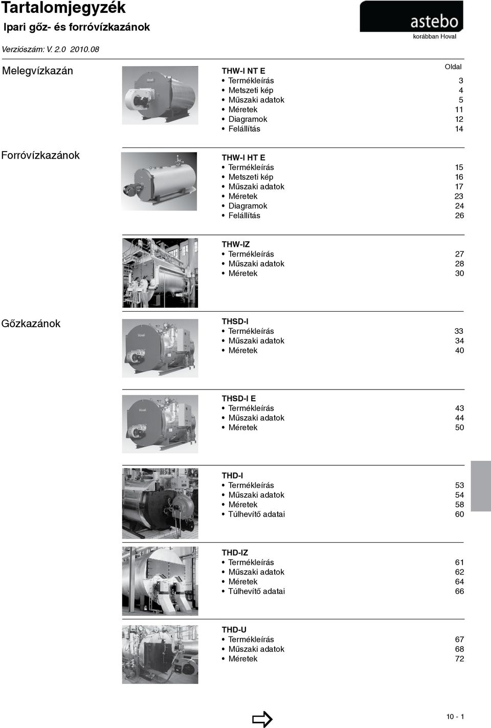 Metszeti kép 16 Mûszaki adatok 17 Méretek 23 Diagramok 24 Felállítás 26 THW-IZ Termékleírás 27 Mûszaki adatok 28 Méretek 30 Gőzkazánok THSD-I Termékleírás 33 Mûszaki