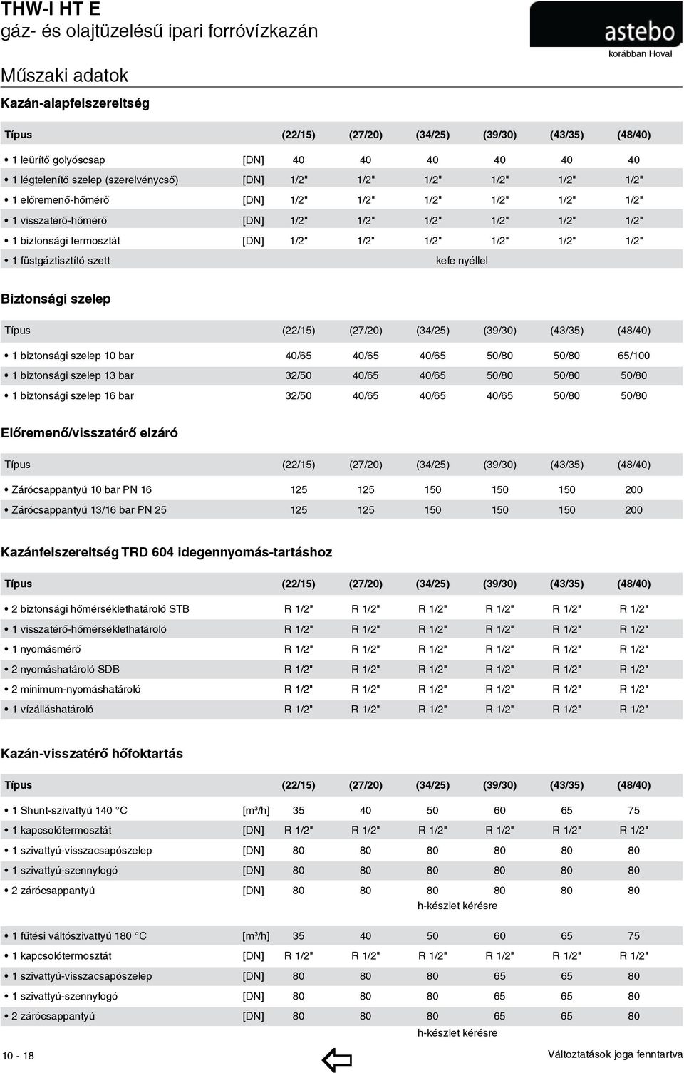 1/2" 1/2" 1/2" 1/2" 1 füstgáztisztító szett kefe nyéllel Biztonsági szelep Típus (22/15) (27/20) (34/25) (39/30) (43/35) (48/40) 1 biztonsági szelep 10 bar 40/65 40/65 40/65 50/80 50/80 65/100 1