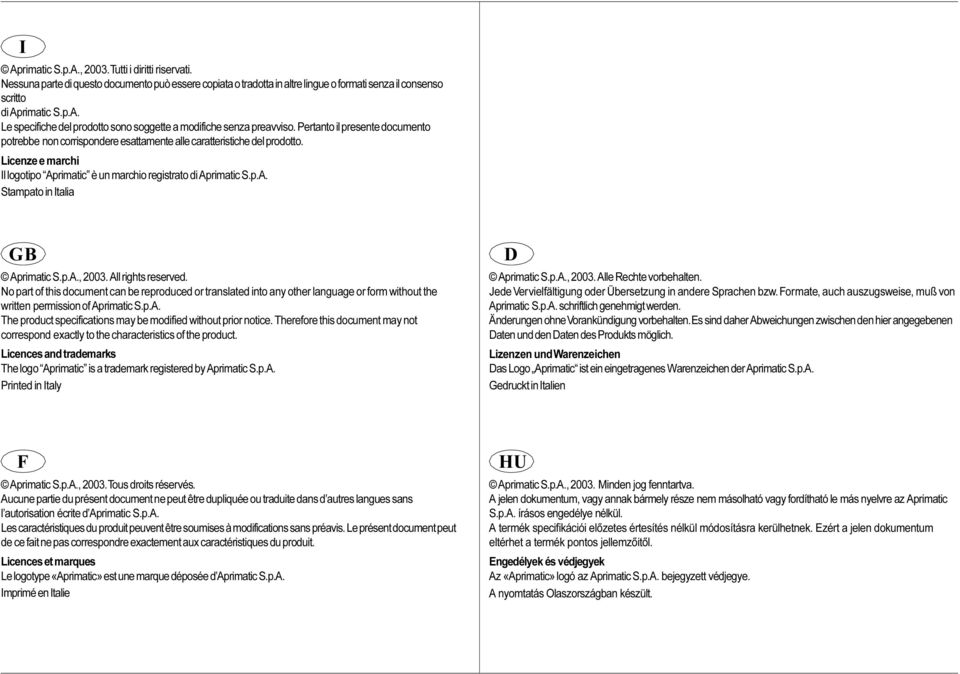 p.A., 2003. All rights reserved. No part of this document can be reproduced or translated into any other language or form without the written permission of Aprimatic S.p.A. The product specifications may be modified without prior notice.