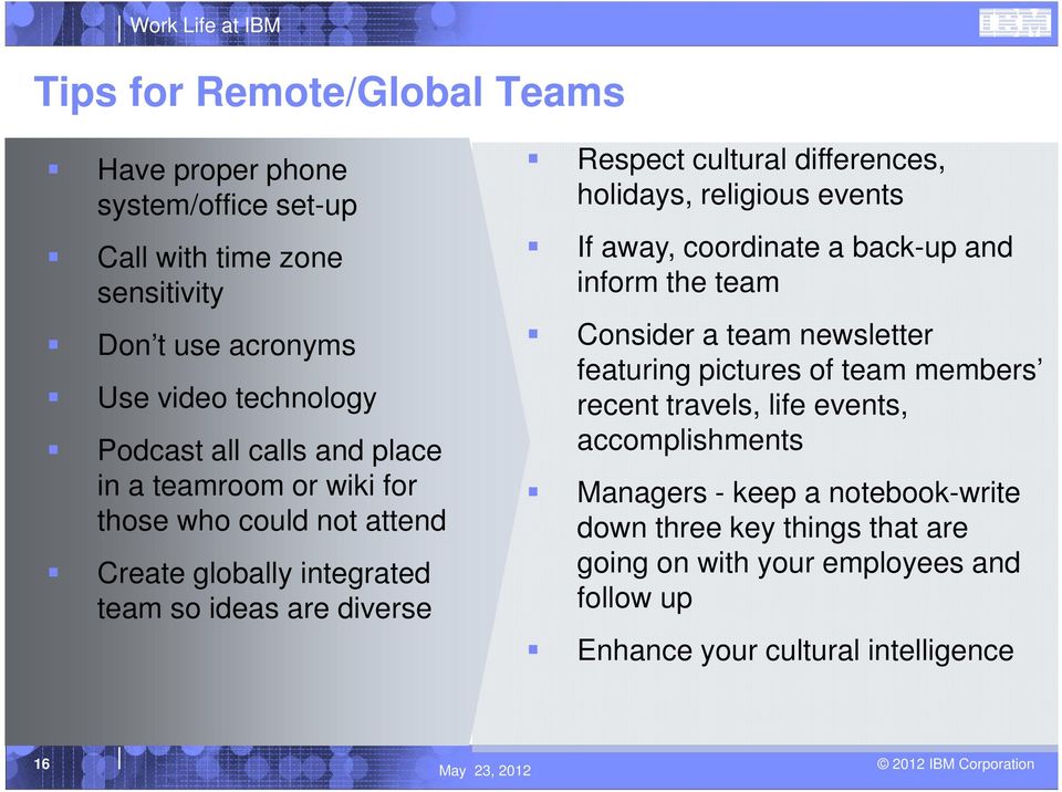 religious events If away, coordinate a back-up and inform the team Consider a team newsletter featuring pictures of team members recent travels, life events,
