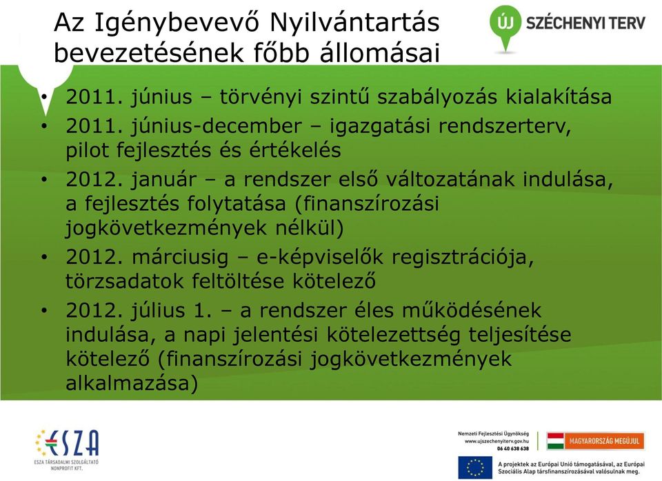 január a rendszer első változatának indulása, a fejlesztés folytatása (finanszírozási jogkövetkezmények nélkül) 2012.