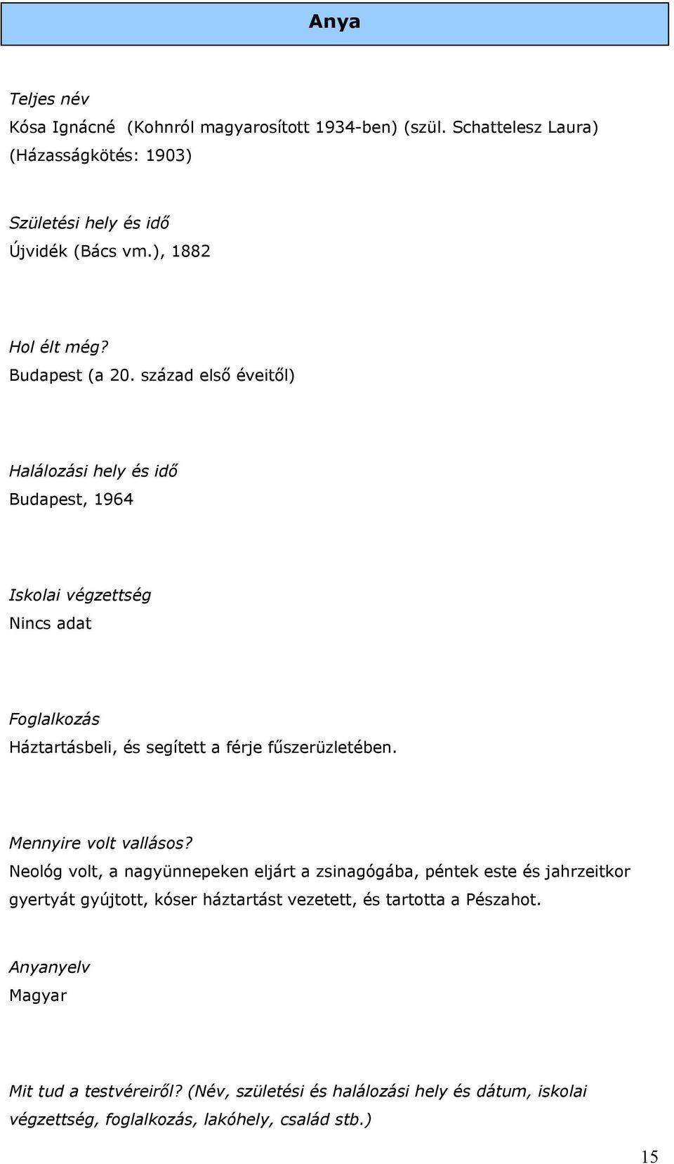 század első éveitől) Halálozási hely és idő Budapest, 1964 Iskolai végzettség Foglalkozás Háztartásbeli, és segített a férje fűszerüzletében.