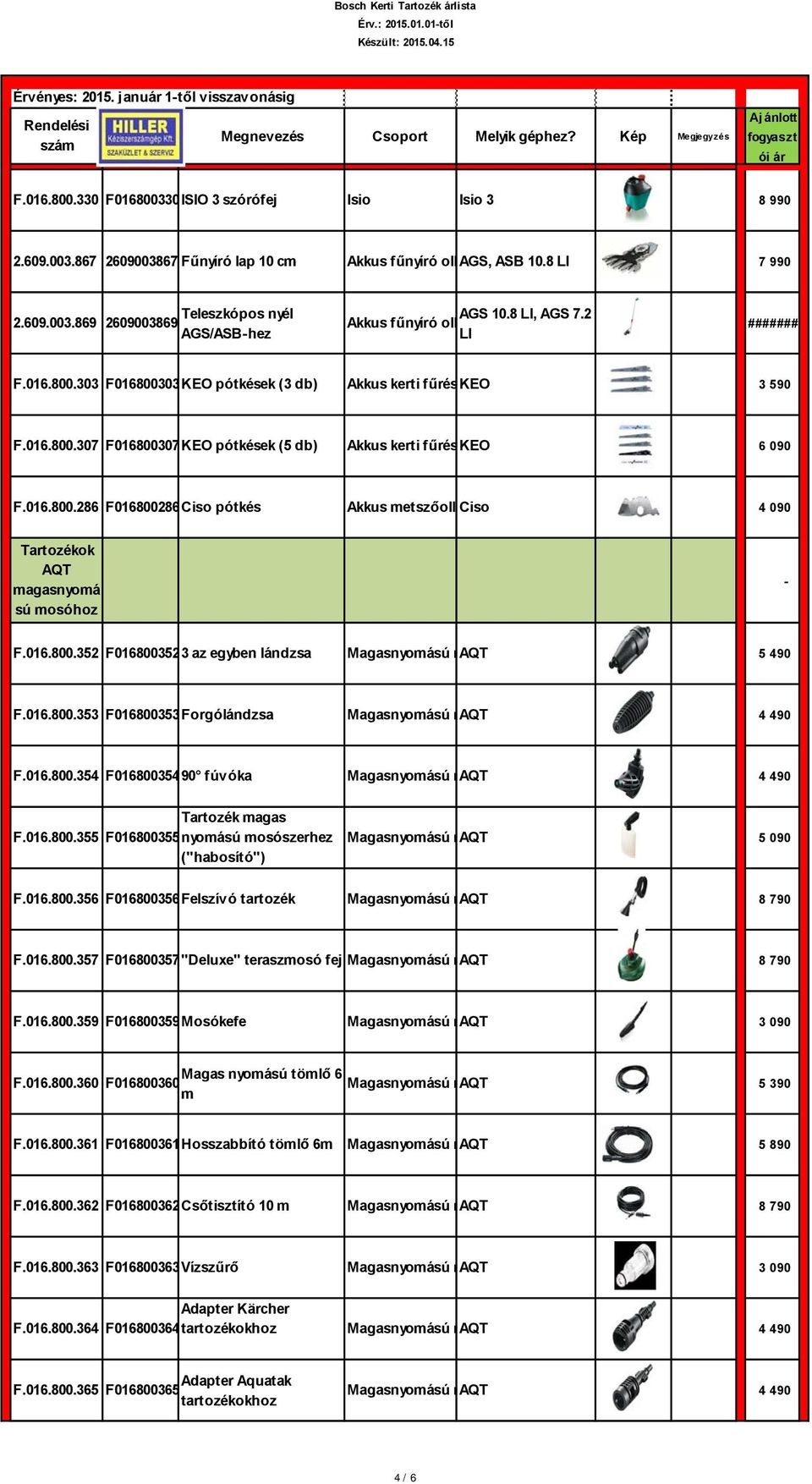 016.800.286 F016800286Ciso pótkés Akkus metszőoll Ciso 4 090 AQT magasnyomá sú mosóhoz F.016.800.352 F0168003523 az egyben lándzsa Magasnyomású maqt 5 490 F.016.800.353 F016800353Forgólándzsa Magasnyomású maqt 4 490 F.