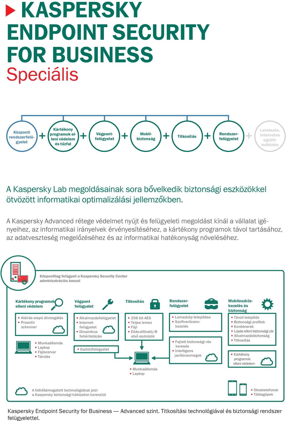 A Kaspersky Advanced rétege védelmet nyújt és felügyeleti megoldást kínál a vállalat igényeihez, az informatikai irányelvek érvényesítéséhez, a kártékony programok távol tartásához, az adatveszteség