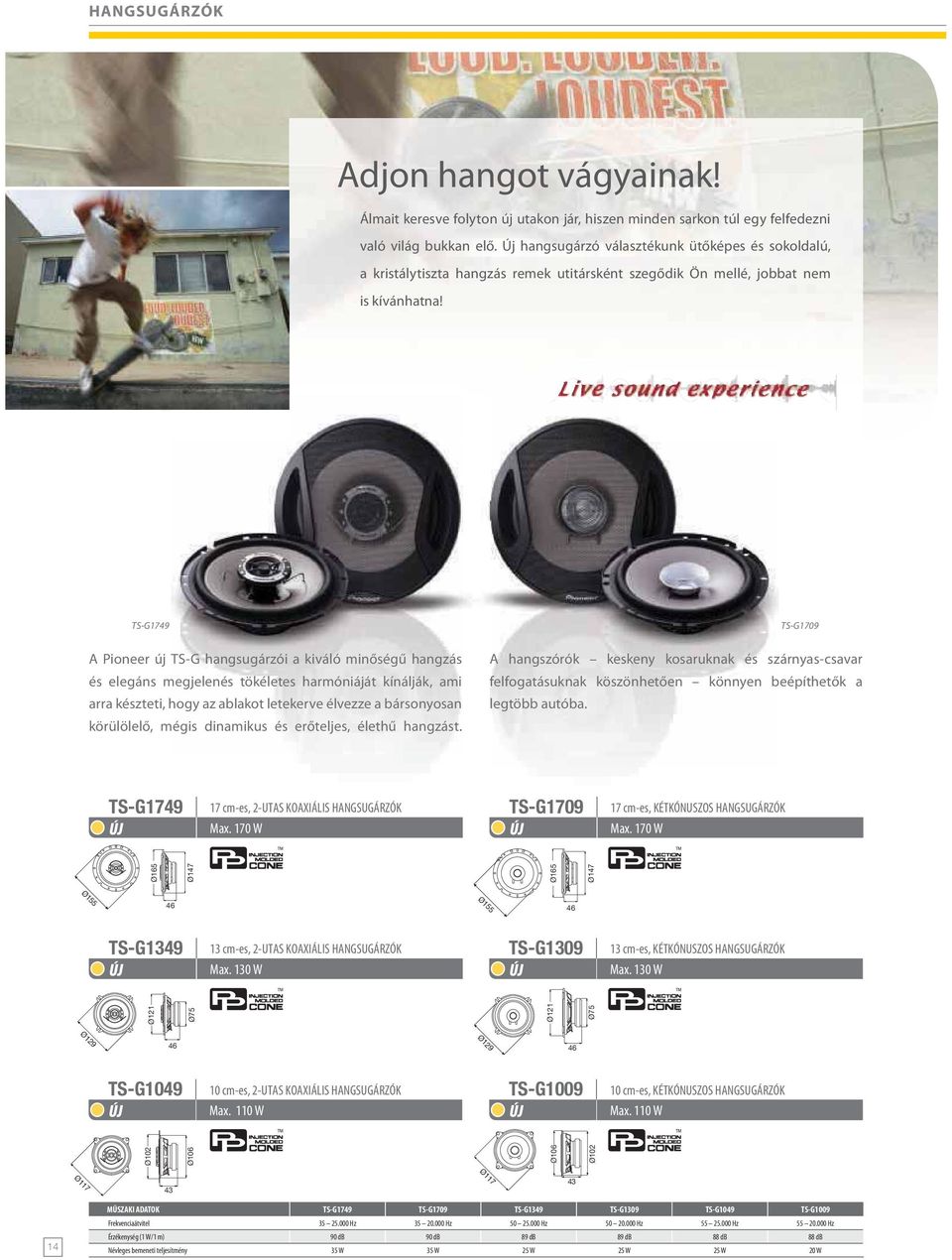 TS-G1749 A Pioneer új TS-G hangsugárzói a kiváló minőségű hangzás és elegáns megjelenés tökéletes harmóniáját kínálják, ami arra készteti, hogy az ablakot letekerve élvezze a bársonyosan körülölelő,