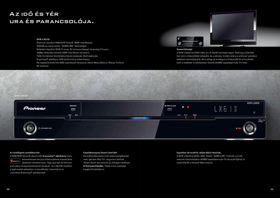 növelés HDMI interfészen keresztül; Több-formátumú felvételkészítés és lejátszás; DivX lejátszás; Gracenote adatbázis; EPG elektronikus műsorkalauz; PC kapcsolat Ethernet/USB csatlakozón keresztül;
