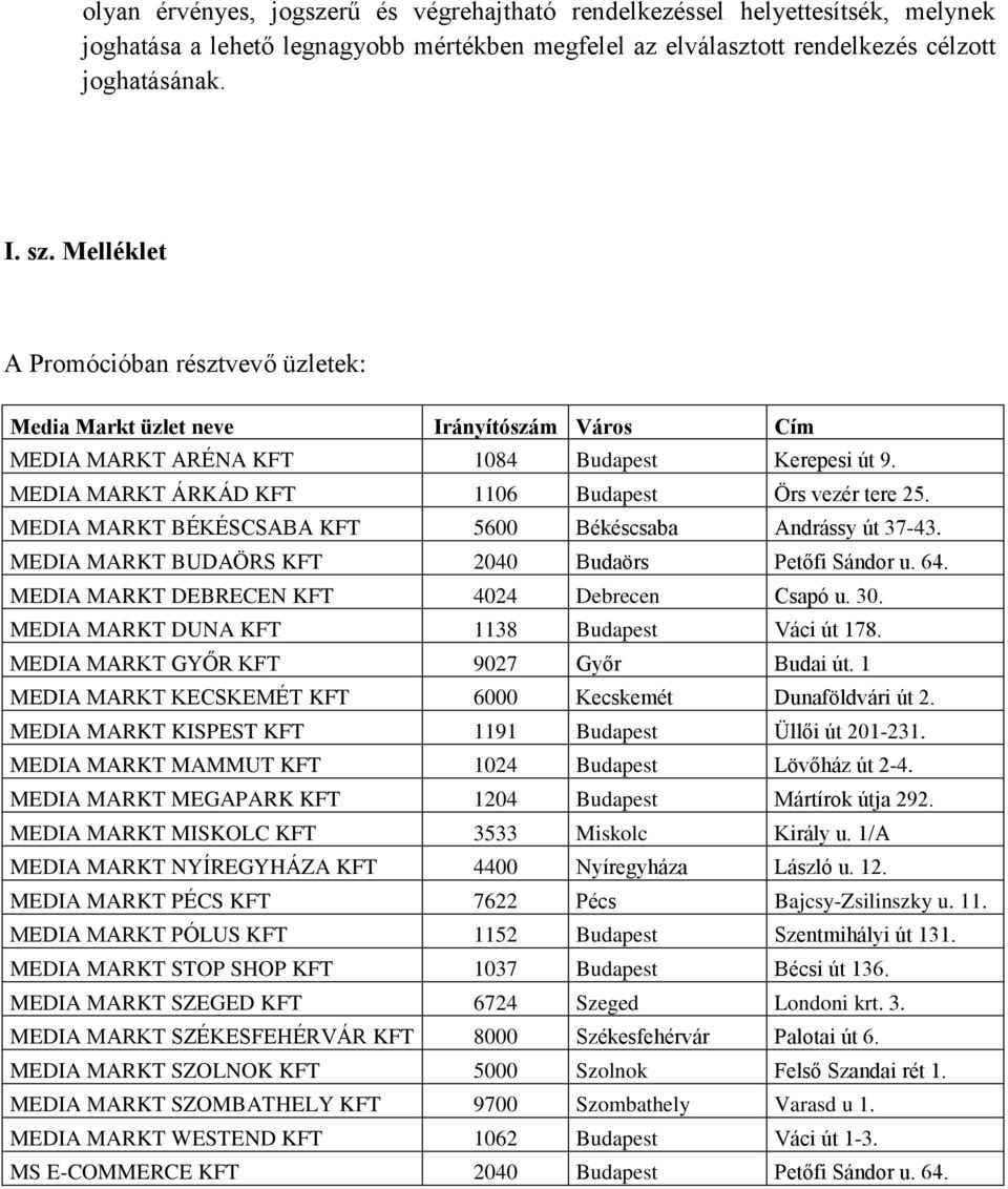 MEDIA MARKT BÉKÉSCSABA KFT 5600 Békéscsaba Andrássy út 37-43. MEDIA MARKT BUDAÖRS KFT 2040 Budaörs Petőfi Sándor u. 64. MEDIA MARKT DEBRECEN KFT 4024 Debrecen Csapó u. 30.