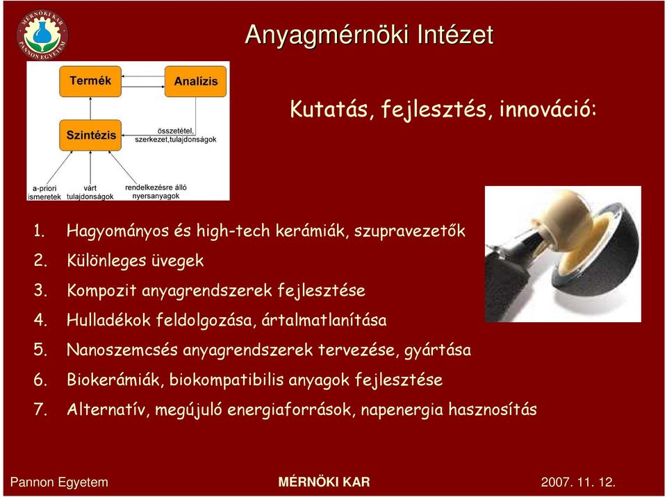 Kompozit anyagrendszerek fejlesztése 4. Hulladékok feldolgozása, ártalmatlanítása 5.
