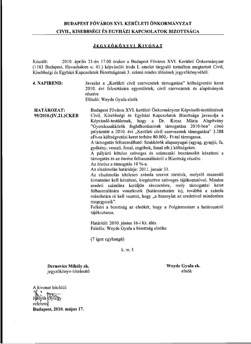 Kresz Mária Alapítvány "Gyerekszakkörök foglalkozásainak támogatása 2010-ben" című pályázatát a 2010. évi Kerületi civil szervezetek támogatása" 3.288 eft-os költségvetési keret terhére 80.