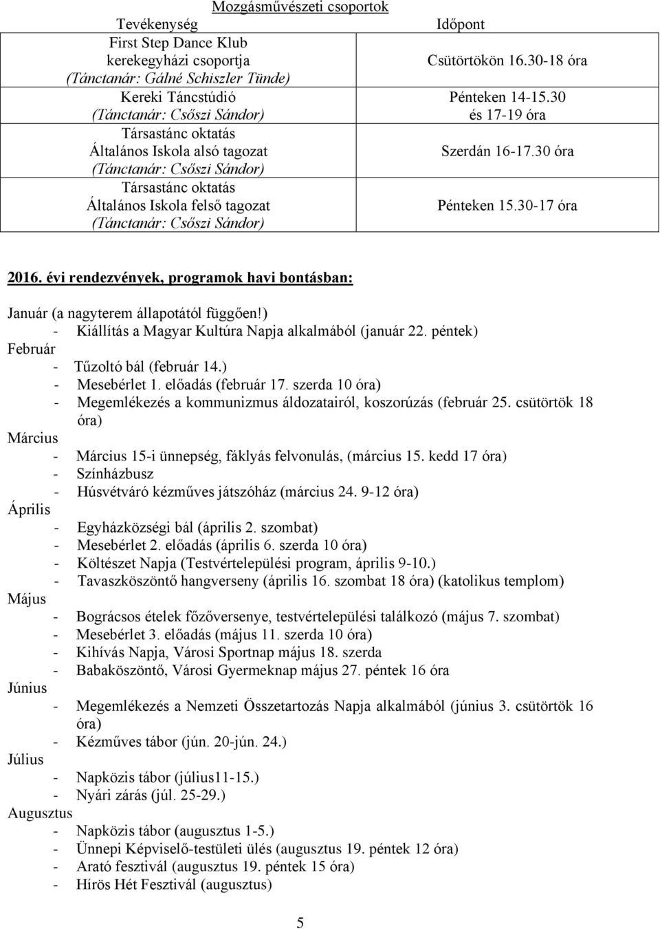 30 óra Pénteken 15.30-17 óra 2016. évi rendezvények, programok havi bontásban: Január (a nagyterem állapotától függően!) - Kiállítás a Magyar Kultúra Napja alkalmából (január 22.