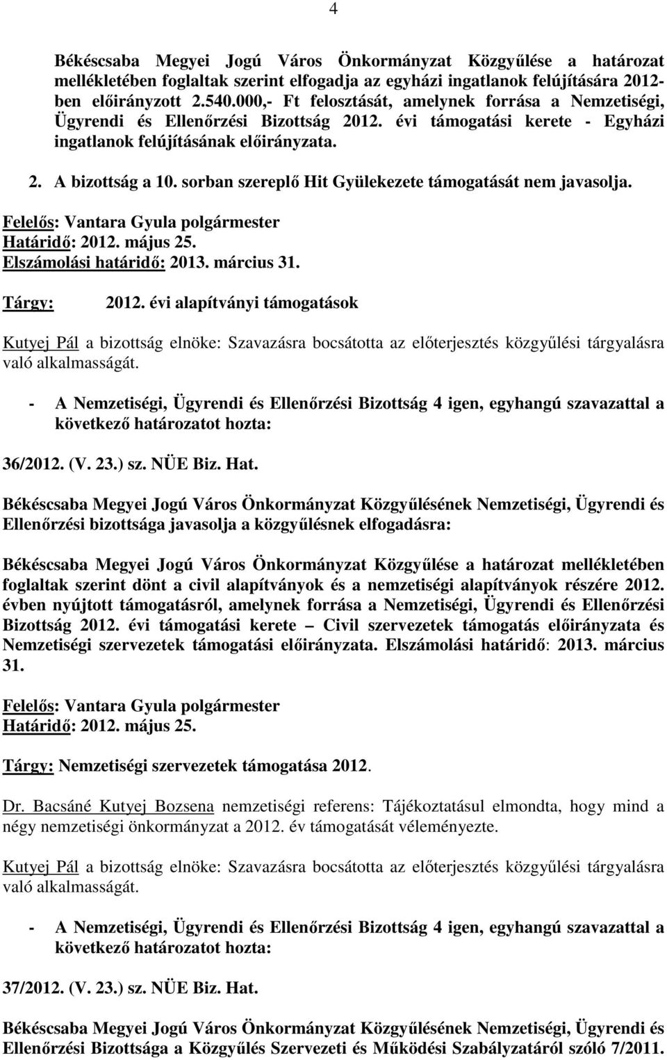 sorban szereplı Hit Gyülekezete támogatását nem javasolja. Felelıs: Vantara Gyula polgármester Határidı: 2012.