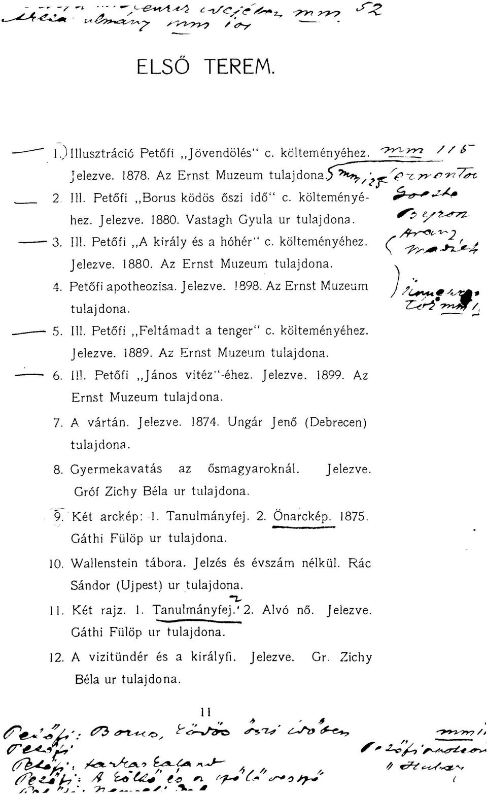 Az Ernst Muzeum 6. III. Petőfi János vitéz"-éhez. Jelezve. 1899. Az Ernst Muzeum 7. A vártán. Jelezve. 1874. Ungár Jenő (Debrecen) 8. Gyermekavatás az ősmagyaroknál. Jelezve. Gróf Zichy Béla ur "9?
