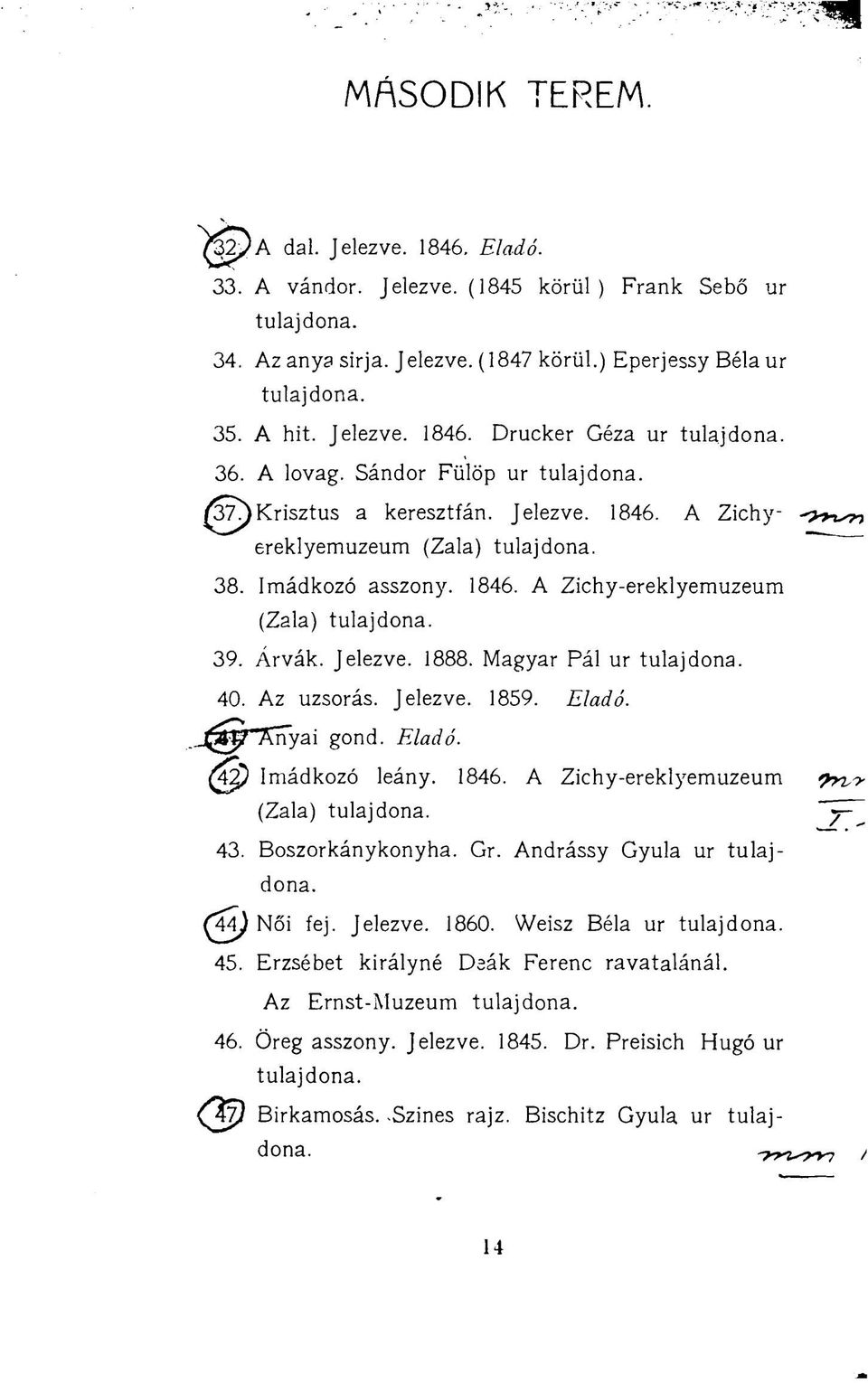 Magyar Pál ur 40. Az uzsorás. Jelezve. 1859. Eladó. ^jjpttcnyai gond. Eladó. (&) Imádkozó leány. 1846. A Zichy-ereklyemuzeum (Zala) 43. Boszorkánykonyha. Gr. Andrássy Gyula ur (A^ Női fej.
