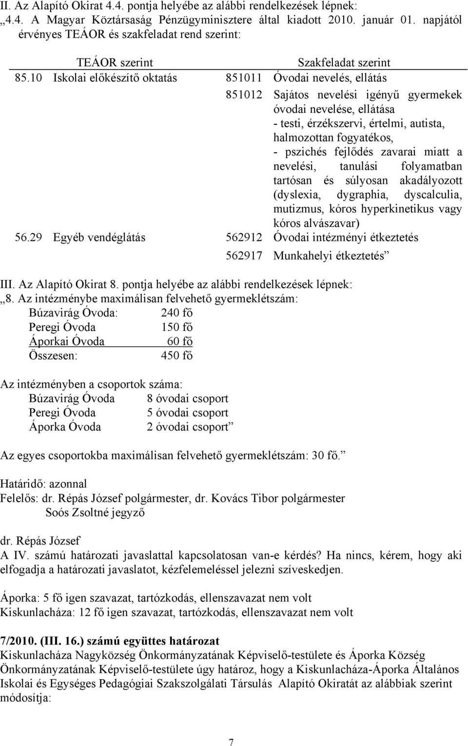 10 Iskolai előkészítő oktatás 851011 Óvodai nevelés, ellátás 851012 Sajátos nevelési igényű gyermekek óvodai nevelése, ellátása mutizmus, kóros hyperkinetikus vagy kóros alvászavar) 56.