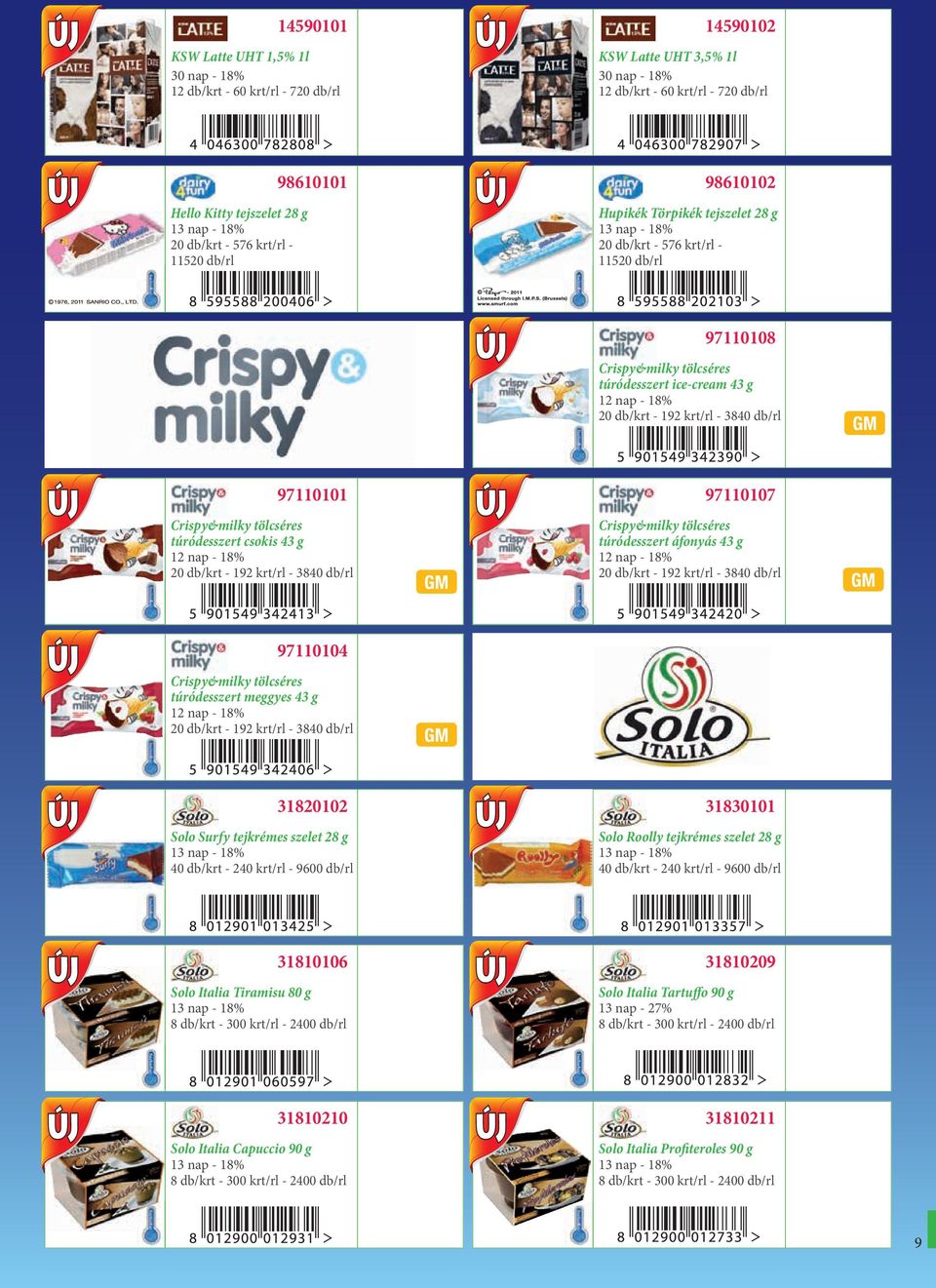 192 krt/rl - 3840 db/rl 97110101 97110107 Crispy&milky tölcséres túródesszert csokis 43 g 12 nap - 18% 20 db/krt - 192 krt/rl - 3840 db/rl Crispy&milky tölcséres túródesszert áfonyás 43 g 12 nap -
