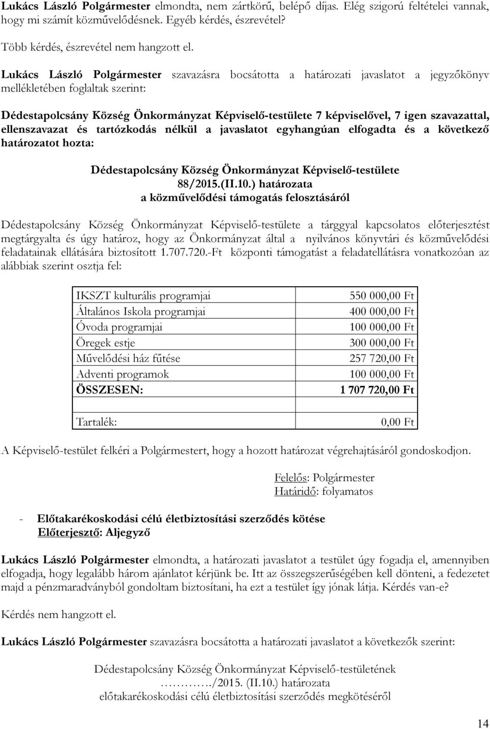 szavazattal, ellenszavazat és tartózkodás nélkül a javaslatot egyhangúan elfogadta és a következő határozatot hozta: Dédestapolcsány Község Önkormányzat Képviselő-testülete 88/2015.(II.10.