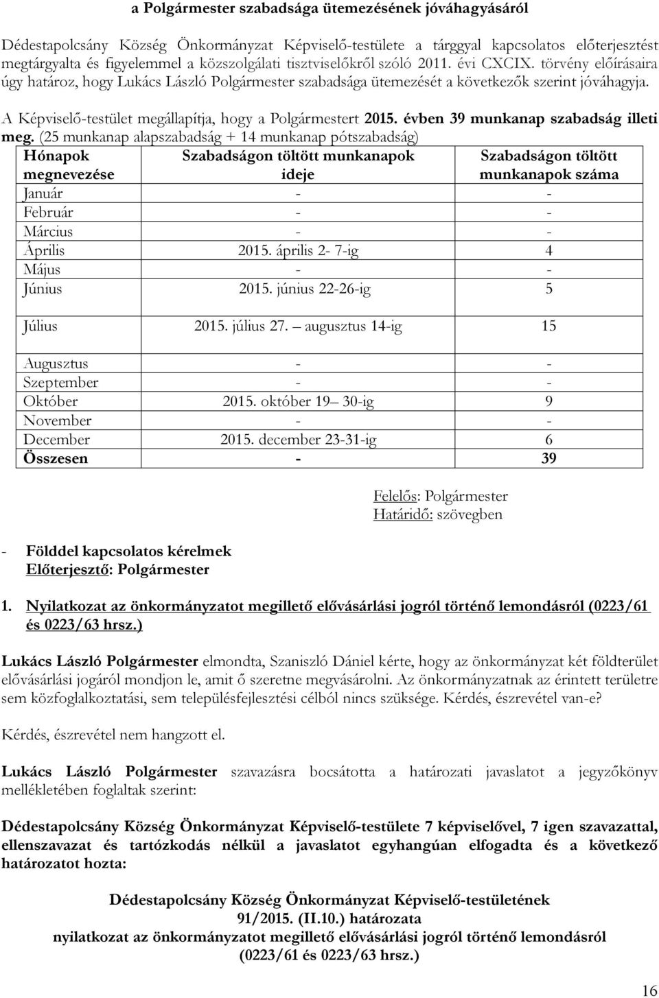 A Képviselő-testület megállapítja, hogy a Polgármestert 2015. évben 39 munkanap szabadság illeti meg.