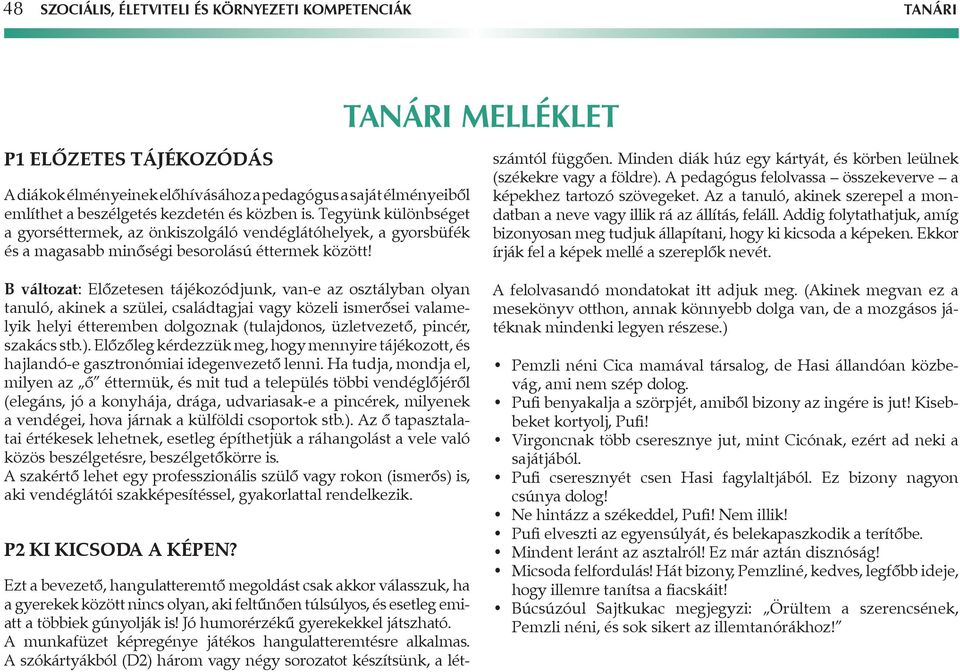 változat: Előzetesen tájékozódjunk, van-e az osztályban olyan tanuló, akinek a szülei, családtagjai vagy közeli ismerősei valamelyik helyi étteremben dolgoznak (tulajdonos, üzletvezető, pincér,