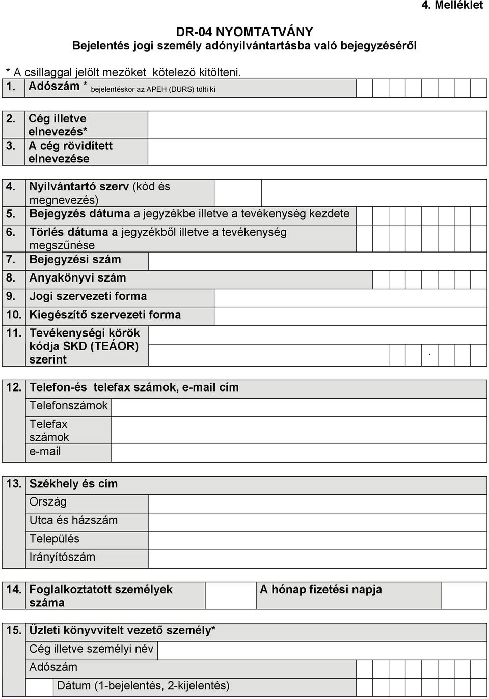 megszűnése 7 Bejegyzési szám 8 Anyakönyvi szám 9 Jogi szervezeti forma 10 Kiegészítő szervezeti forma 11 Tevékenységi körök kódja SKD (TEÁOR) szerint 12 13 Telefon-és telefax számok, e-mail cím