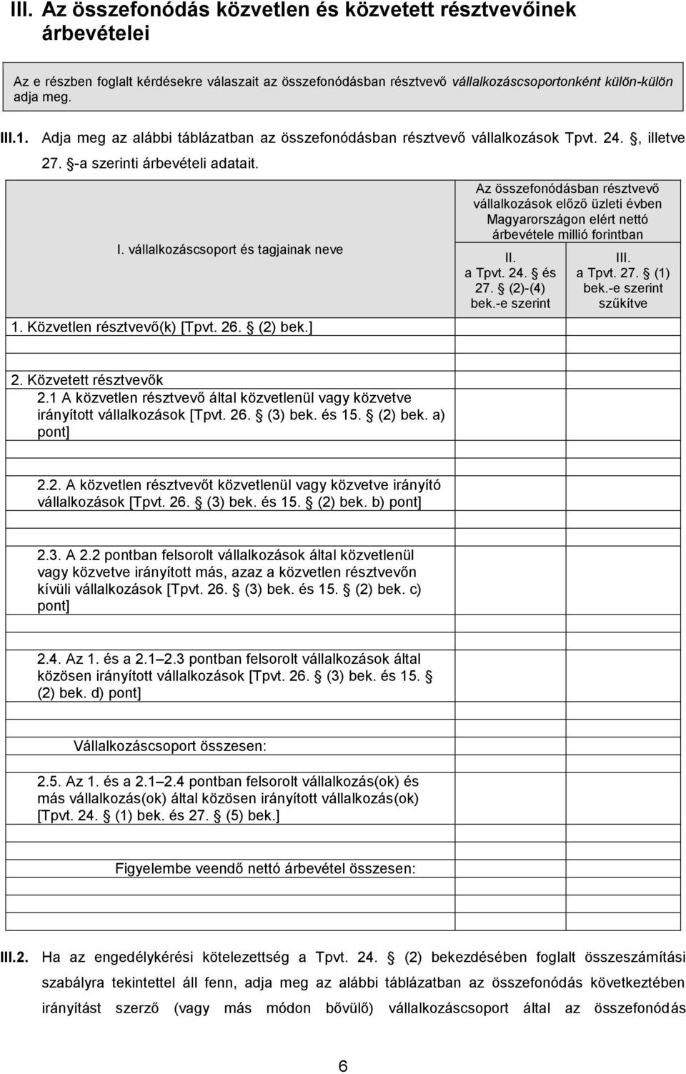Közvetlen résztvevő(k) [Tpvt. 26. (2) bek.] Az összefonódásban résztvevő vállalkozások előző üzleti évben Magyarországon elért nettó árbevétele millió forintban II. a Tpvt. 24. és 27. (2)-(4) bek.