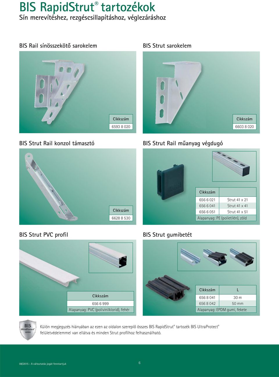 profil BIS Strut gumibetét 656 6 999 Alapanyag: PVC (polivinilklorid), fehér 656 8 04 30 m 656 8 04 50 mm Alapanyag: EPDM gumi, fekete Külön megjegyzés hiányában az ezen az