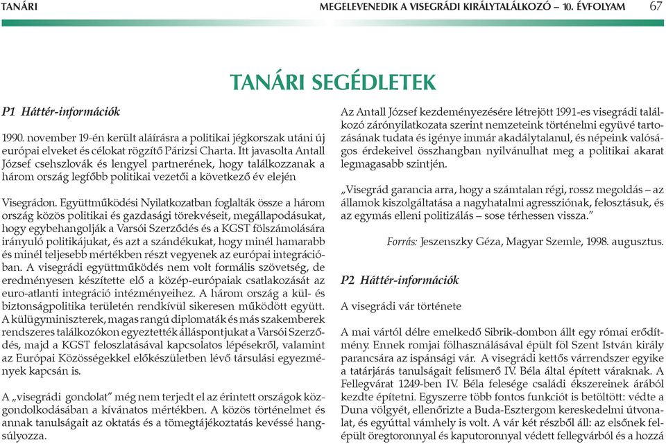 Itt javasolta ntall József csehszlovák és lengyel partnerének, hogy találkozzanak a három ország legfôbb politikai vezetôi a következô év elején Visegrádon.