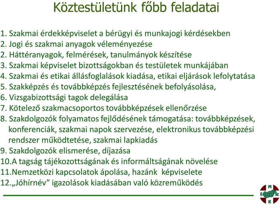 Vizsgabizottsági tagok delegálása 7. Kötelező szakmacsoportos továbbképzések ellenőrzése 8.