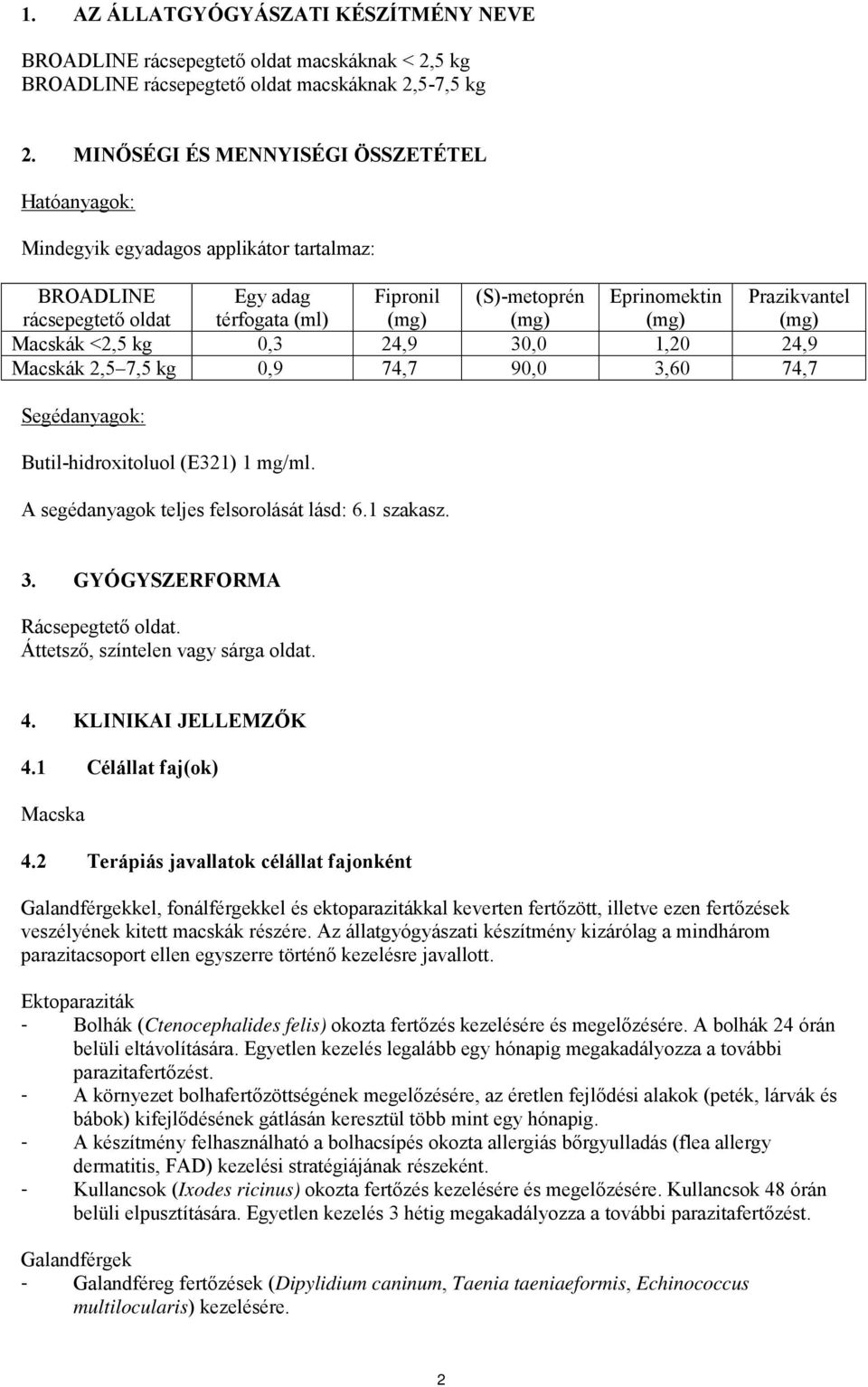 <2,5 kg 0,3 24,9 30,0 1,20 24,9 Macskák 2,5 7,5 kg 0,9 74,7 90,0 3,60 74,7 Segédanyagok: Butil-hidroxitoluol (E321) 1 mg/ml. A segédanyagok teljes felsorolását lásd: 6.1 szakasz. 3. GYÓGYSZERFORMA Rácsepegtető oldat.