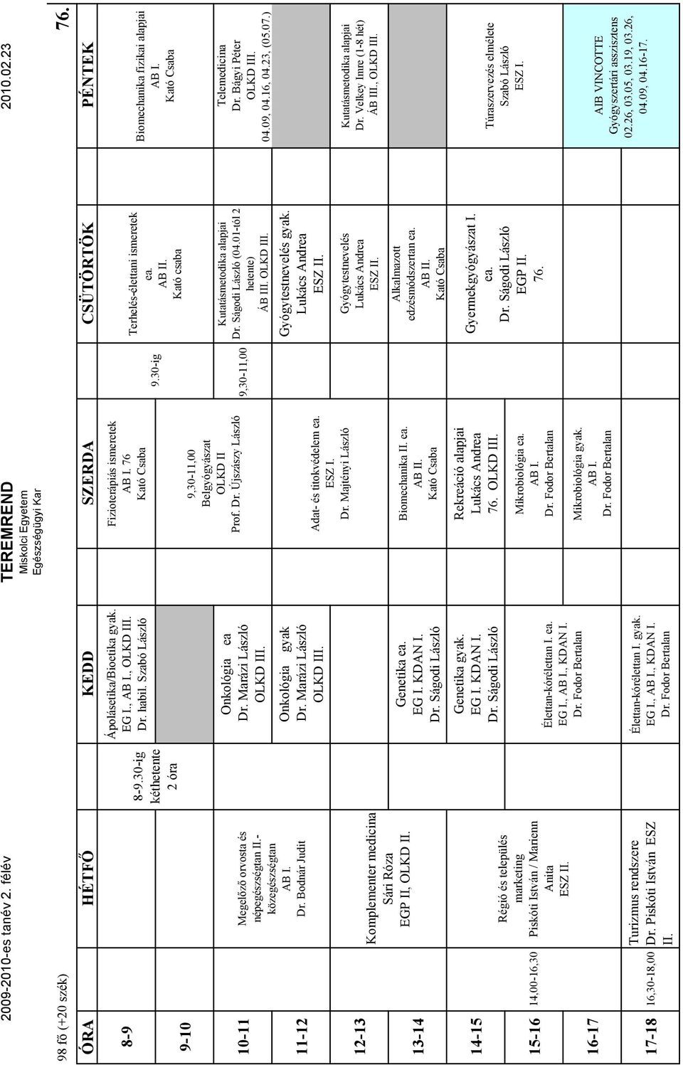 .30-ig kéthetente 2 óra Ápolásetika/Bioetika gyak. EG I., AB I., OLKD III. Dr. habil. Szabó László Onkológia ea Dr. Marázi László OLKD III. Onkológia gyak Dr. Marázi László OLKD III. Genetika ea.