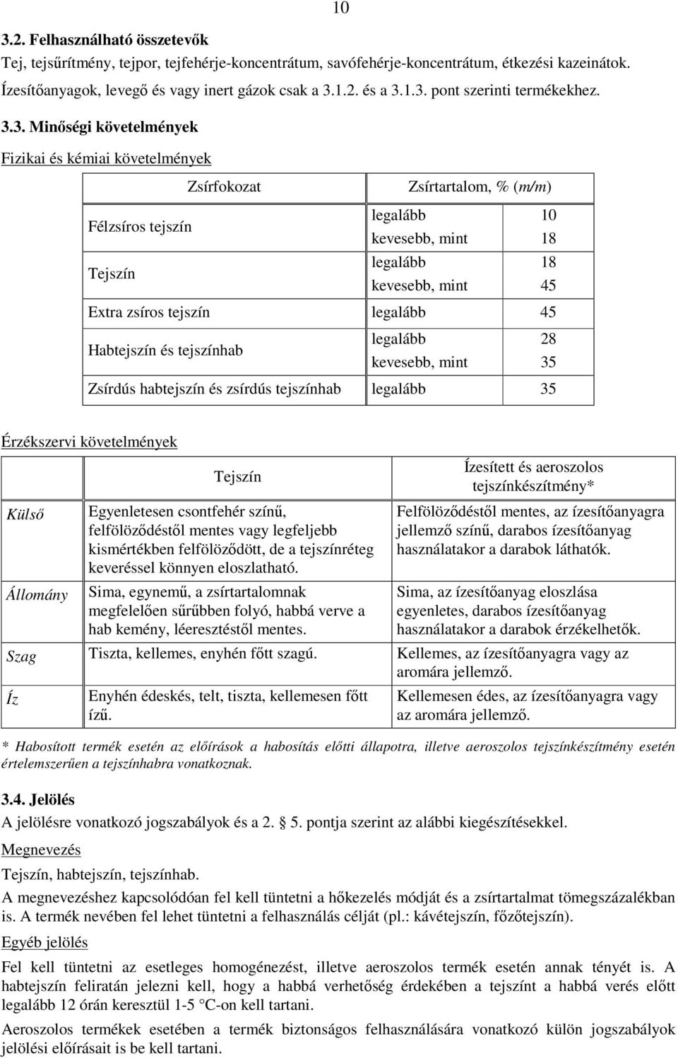 zsírdús tejszínhab 35 10 18 18 45 28 35 Érzékszervi követelmények Külső Állomány Tejszín Egyenletesen csontfehér színű, felfölöződéstől mentes vagy legfeljebb kismértékben felfölöződött, de a