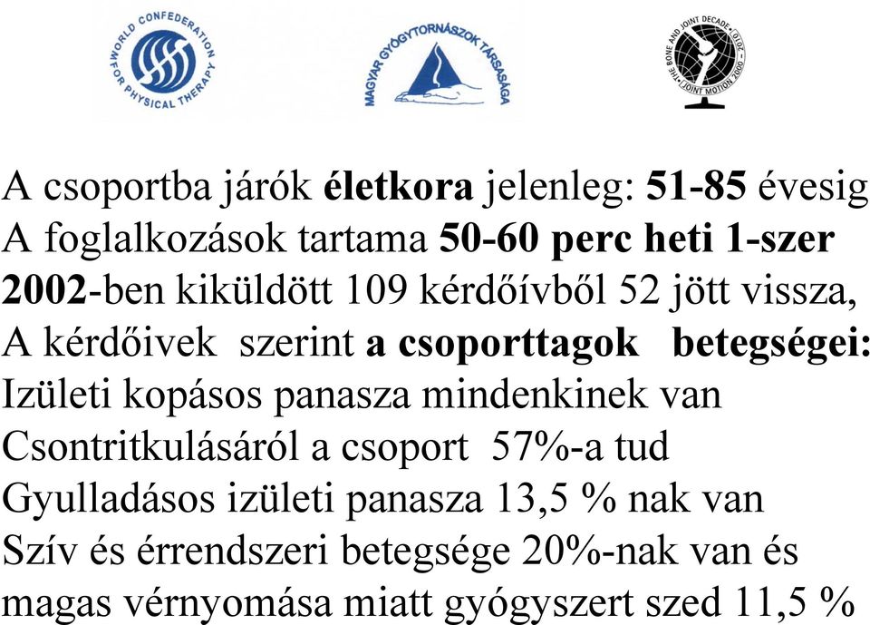 Izületi kopásos panasza mindenkinek van Csontritkulásáról a csoport 57%-a tud Gyulladásos izületi