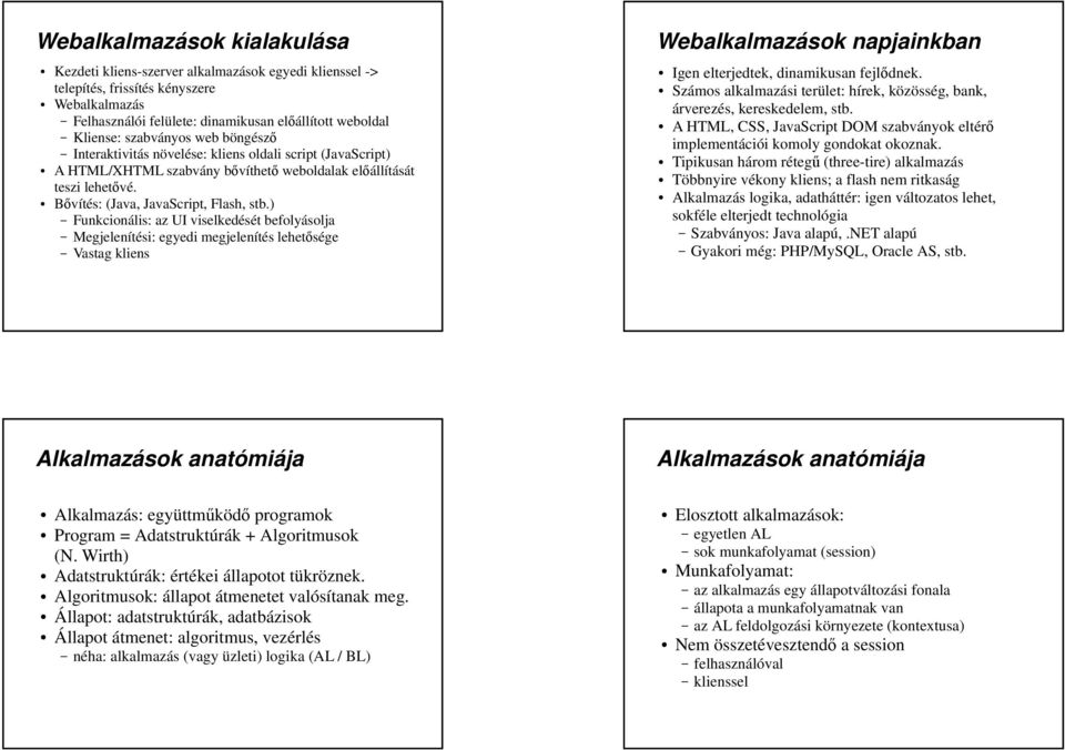 ) Funkcionális: az UI viselkedését befolyásolja Megjelenítési: egyedi megjelenítés lehetsége Vastag kliens Webalkalmazások napjainkban Igen elterjedtek, dinamikusan fejldnek.