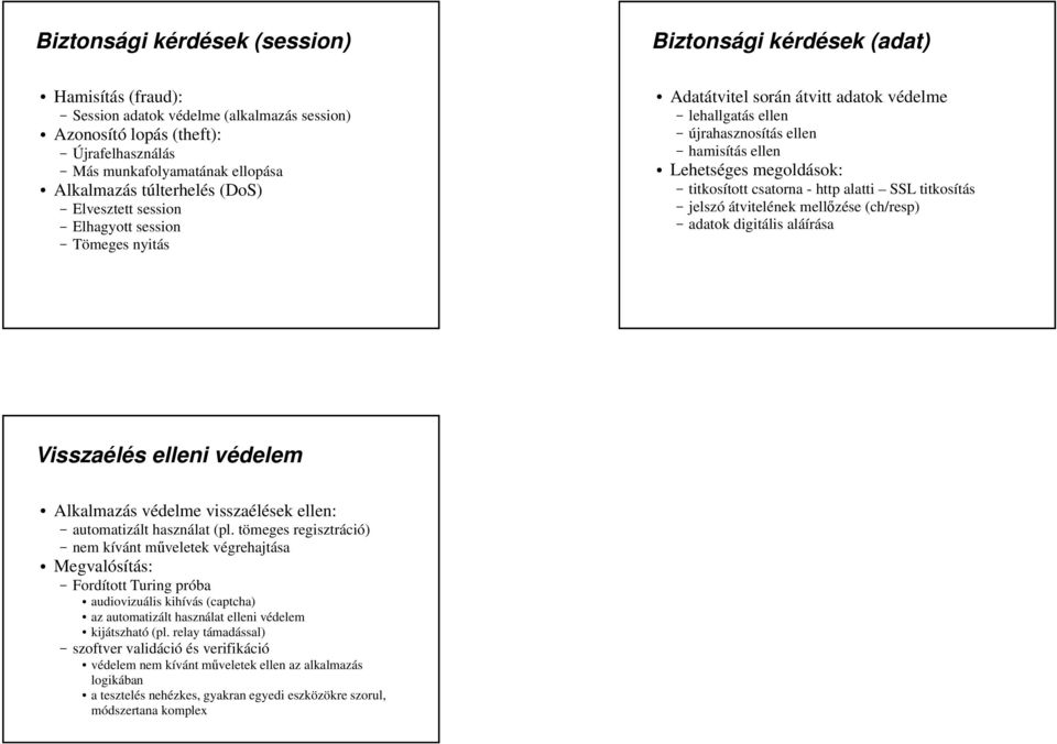 titkosított csatorna - http alatti SSL titkosítás jelszó átvitelének mellzése (ch/resp) adatok digitális aláírása Visszaélés elleni védelem Alkalmazás védelme visszaélések ellen: automatizált