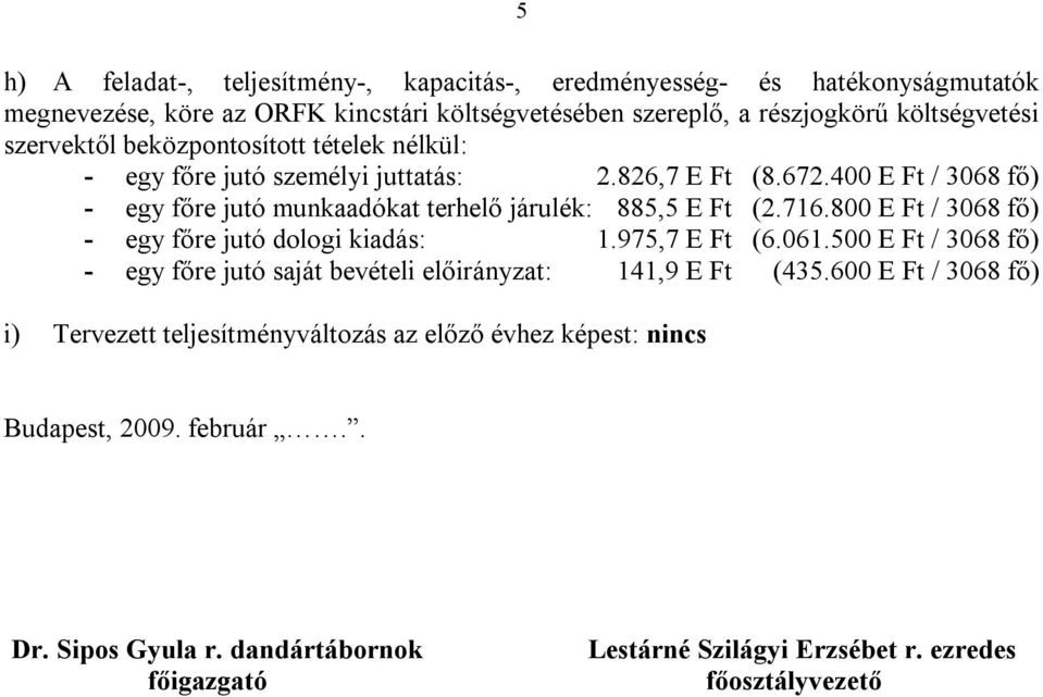 716.800 E Ft / 3068 fő) - egy főre jutó dologi kiadás: 1.975,7 E Ft (6.061.500 E Ft / 3068 fő) - egy főre jutó saját bevételi előirányzat: 141,9 E Ft (435.