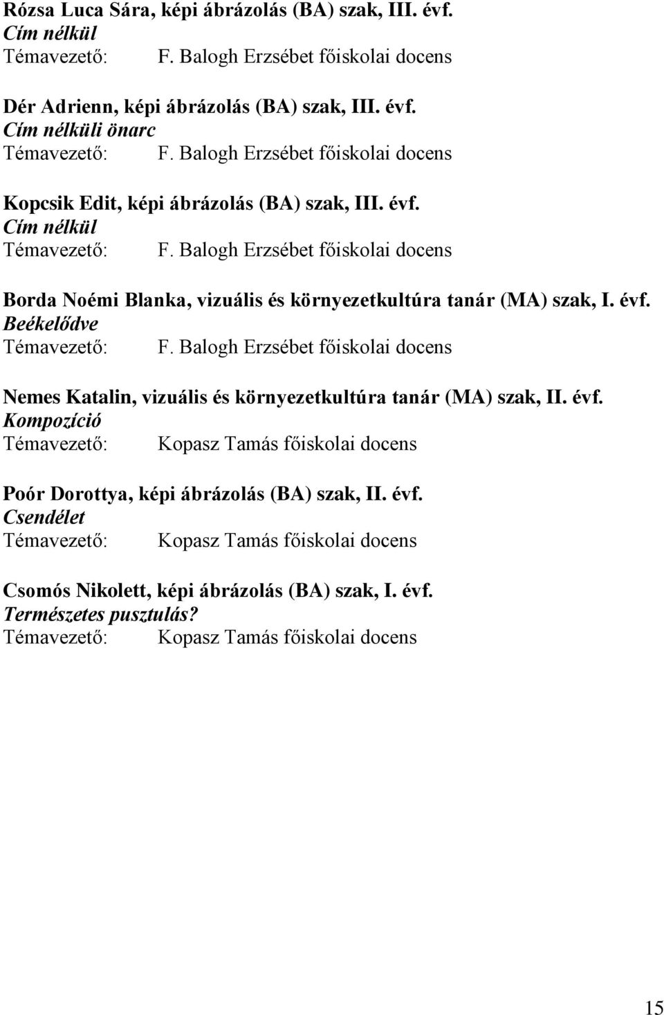 Balogh Erzsébet főiskolai docens Borda Noémi Blanka, vizuális és környezetkultúra tanár (MA) szak, I. évf. Beékelődve Témavezető: F.