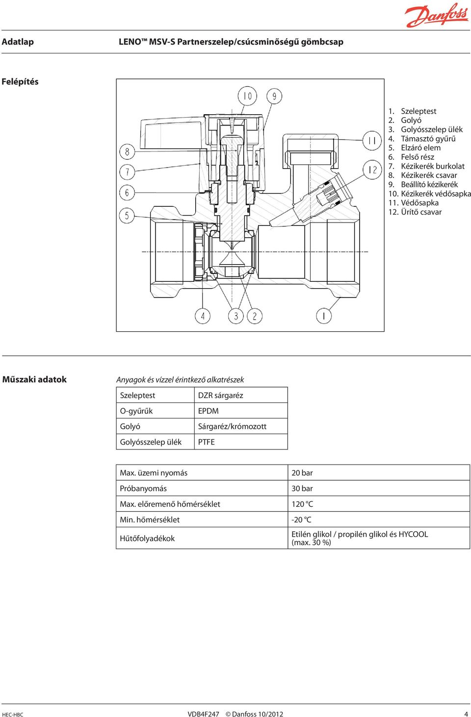 Ürítő csavar Műszaki adatok Anyagok és vízzel érintkező alkatrészek Szeleptest DZR sárgaréz O-gyűrűk EPDM Golyó Sárgaréz/krómozott