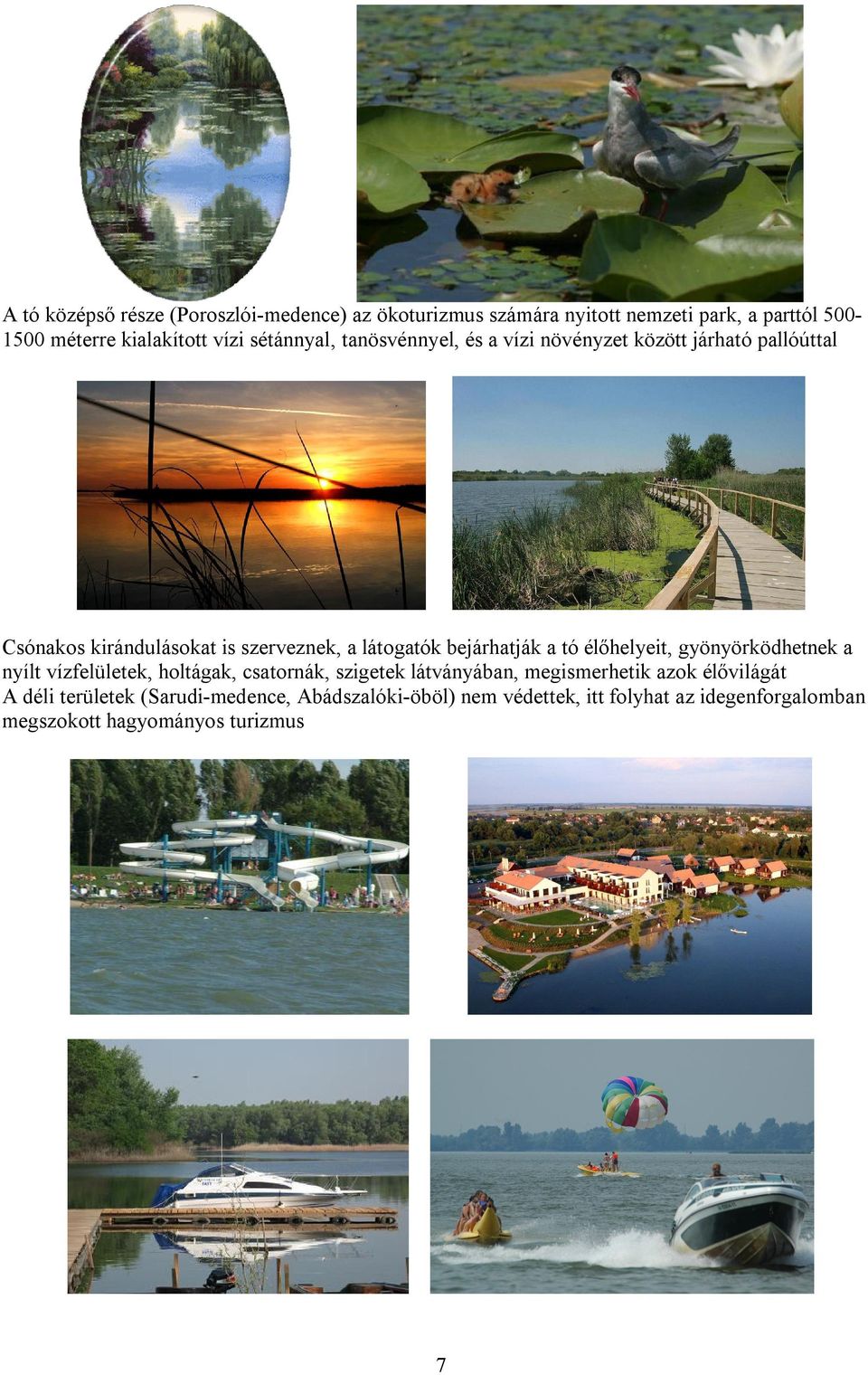 bejárhatják a tó élőhelyeit, gyönyörködhetnek a nyílt vízfelületek, holtágak, csatornák, szigetek látványában, megismerhetik azok