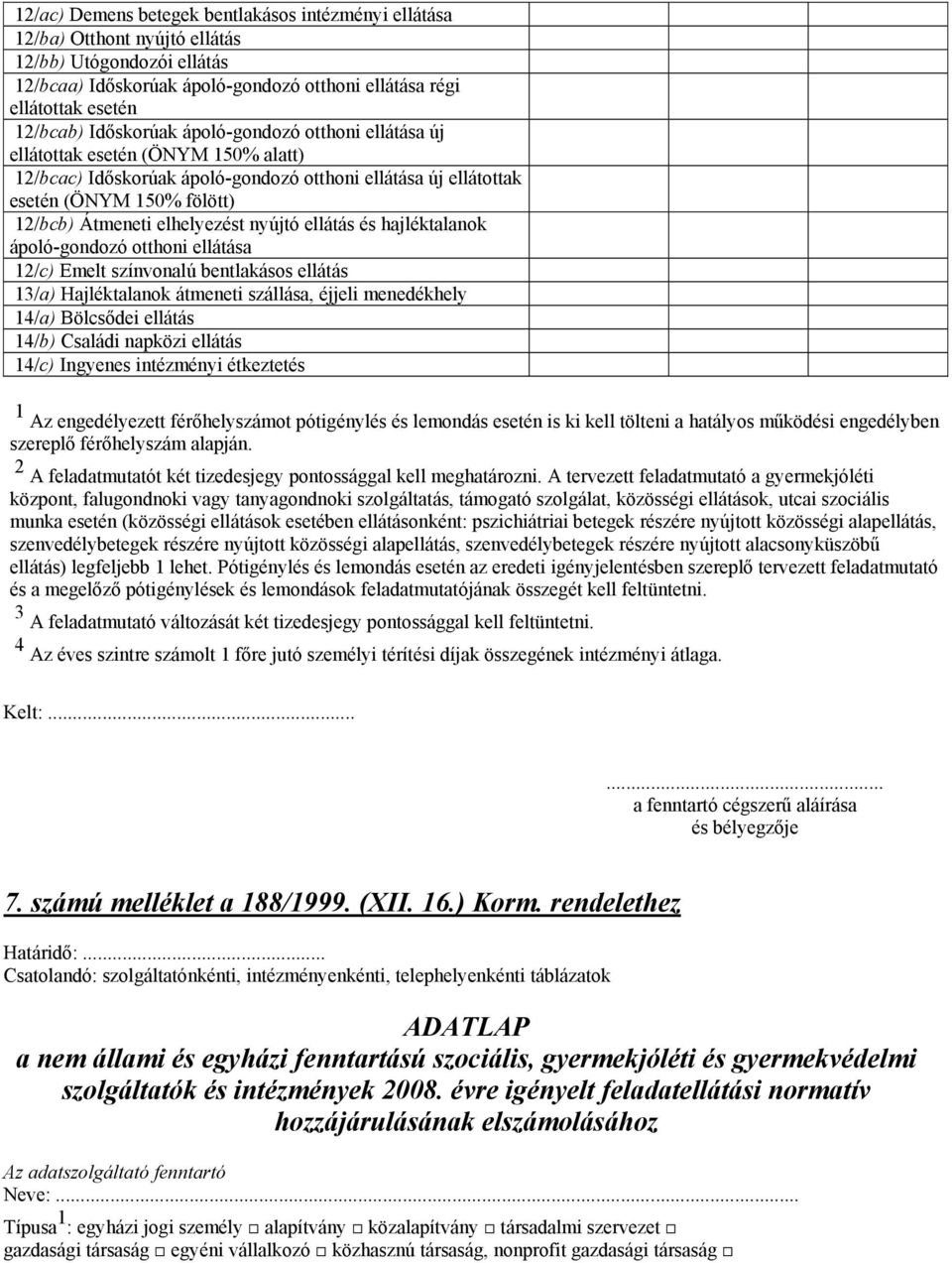 elhelyezést nyújtó ellátás és hajléktalanok ápoló-gondozó otthoni ellátása 12/c) Emelt színvonalú bentlakásos ellátás 13/a) Hajléktalanok átmeneti szállása, éjjeli menedékhely 14/a) Bölcsődei ellátás