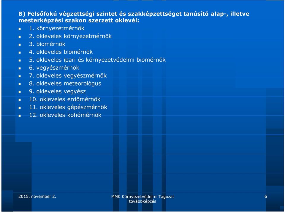 okleveles ipari és környezetvédelmi biomérnök 6. vegyészmérnök 7. okleveles vegyészmérnök 8.